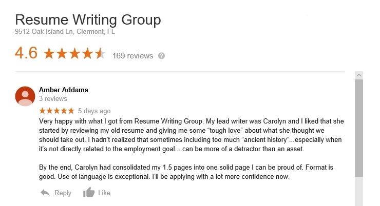 google reviews of the resume writing group (www.resumewritinggroup.com)